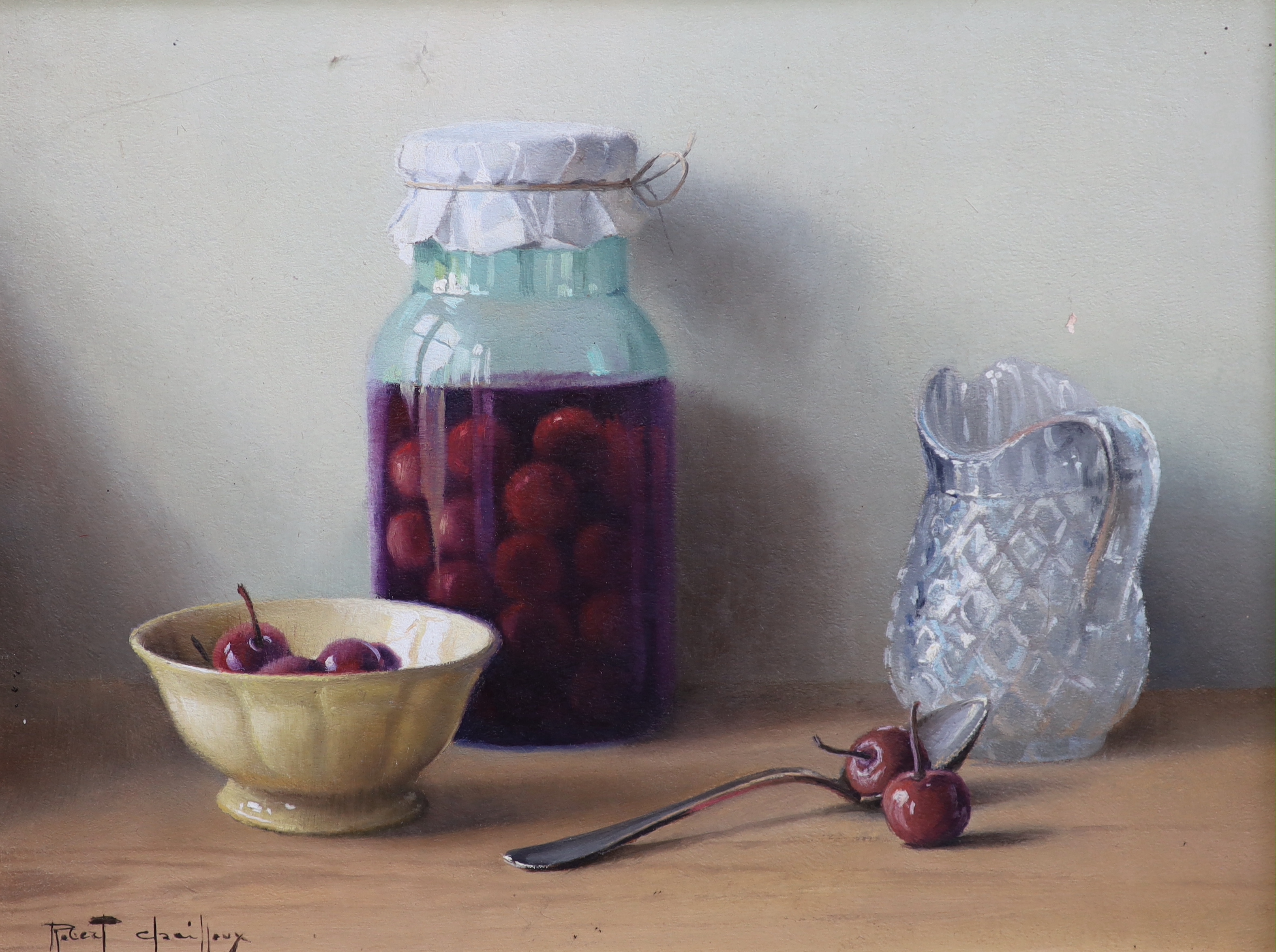 Robert Chailloux (French, 1913-2006), Still life of cherries in a jar and bowl beside a glass jug, oil on board, 26 x 34cm